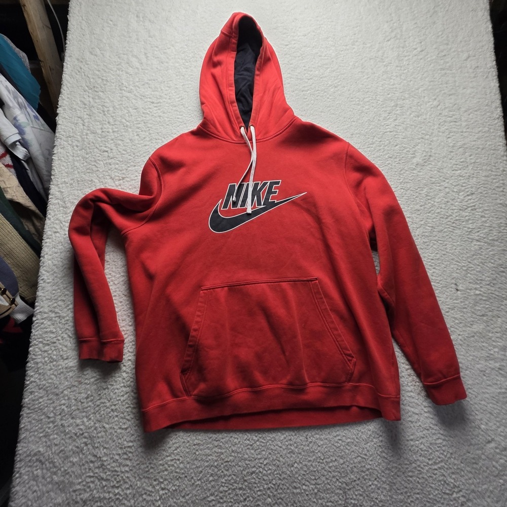 Nike Hoodie Mens 2XL Red Fleece Pullover Swoosh Graphic Logo Kangaroo Top